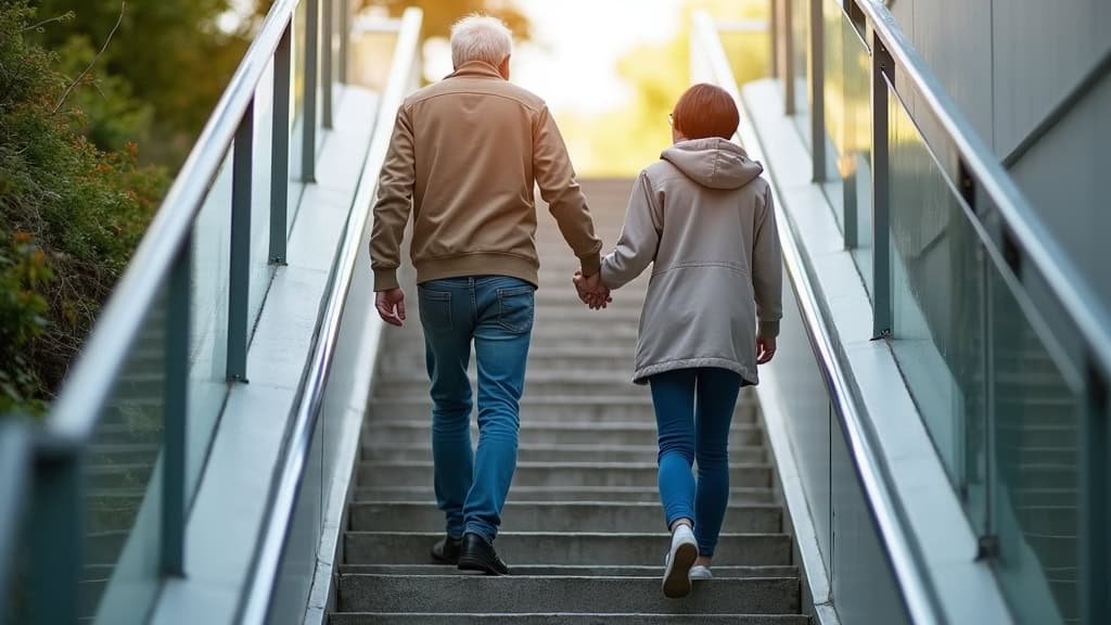 Personne âgée utilisant un monte-escalier tournant à Chamblet, en train de descendre les marches avec calme et confiance