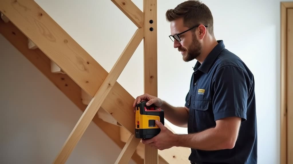 Technicien en train de mesurer un escalier en bois à Chambœuf avec un ruban à mesurer et un niveau laser