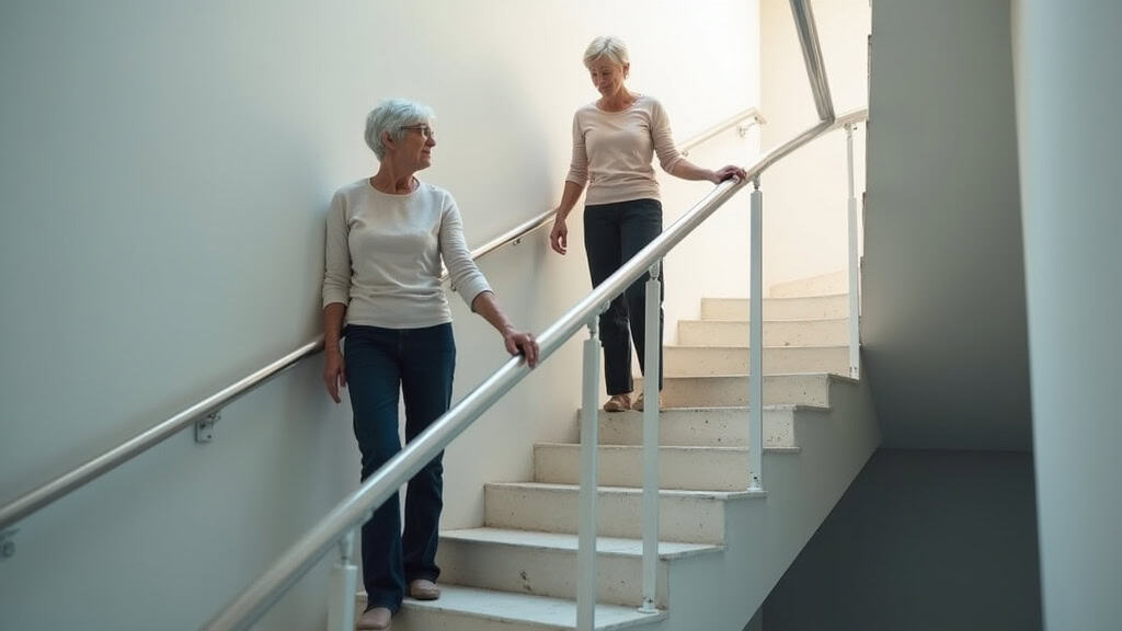 Personne âgée utilisant un monte-escalier à Chanos-Curson, main sur le bouton, regard calme et serein