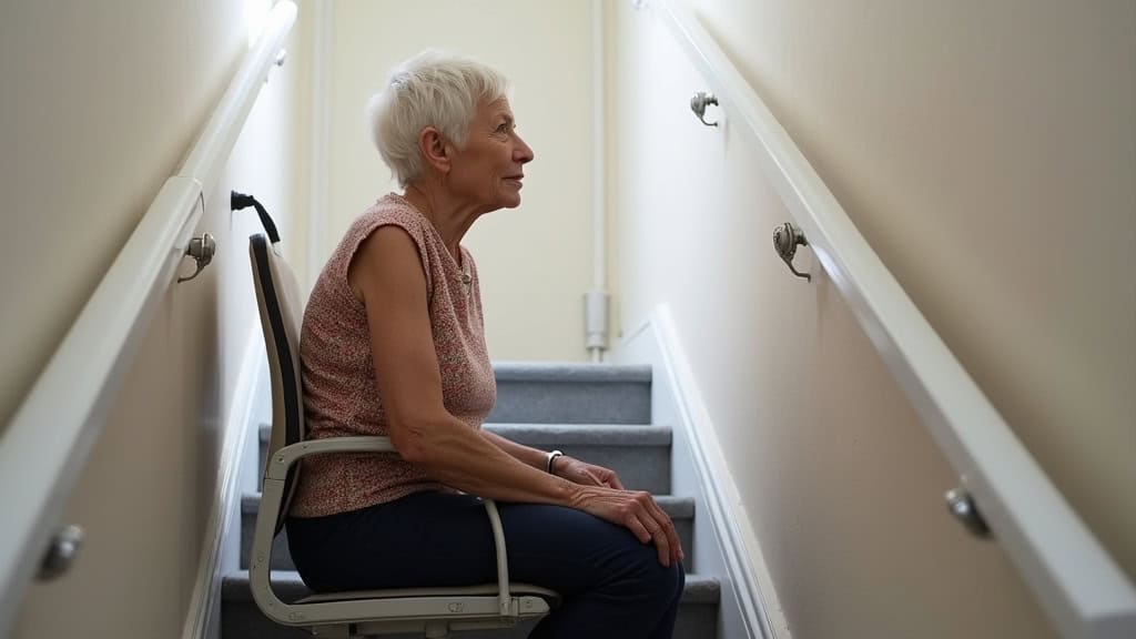 Personne âgée utilisant un monte-escalier à Charpey, assise confortablement, mains sur les accoudoirs, regardant devant elle avec calme et sérénité
