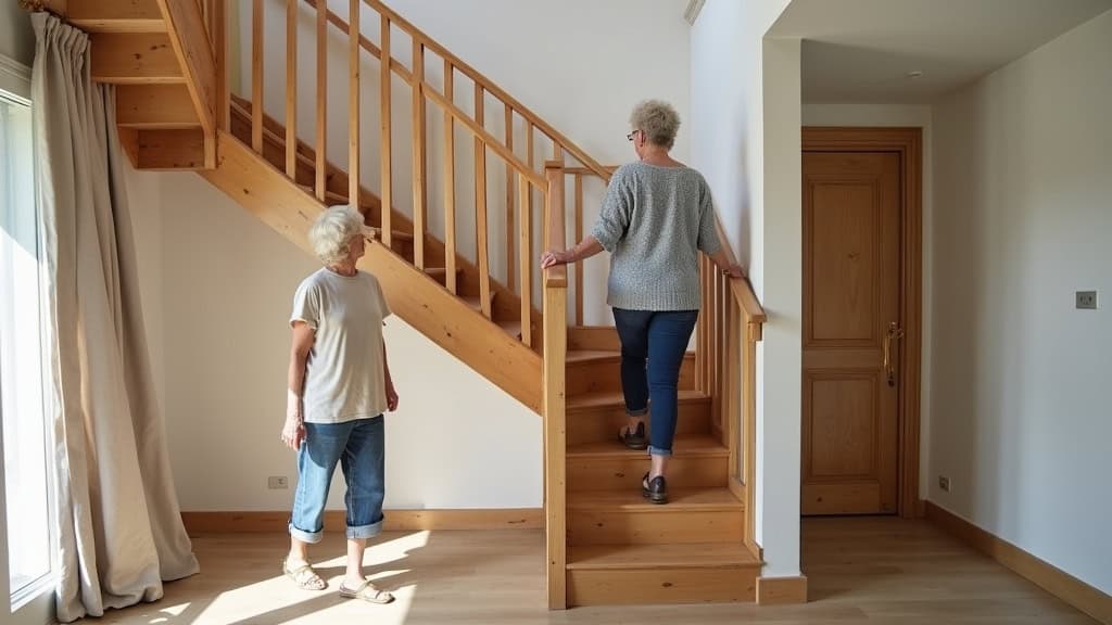 Personne âgée utilisant un monte-escalier tournant dans une maison de Charroux
