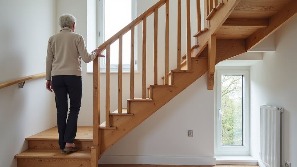 Monte-escalier droit installé sur un escalier en bois dans une maison à Châtenoy-en-Bresse, avec une personne âgée en train de l