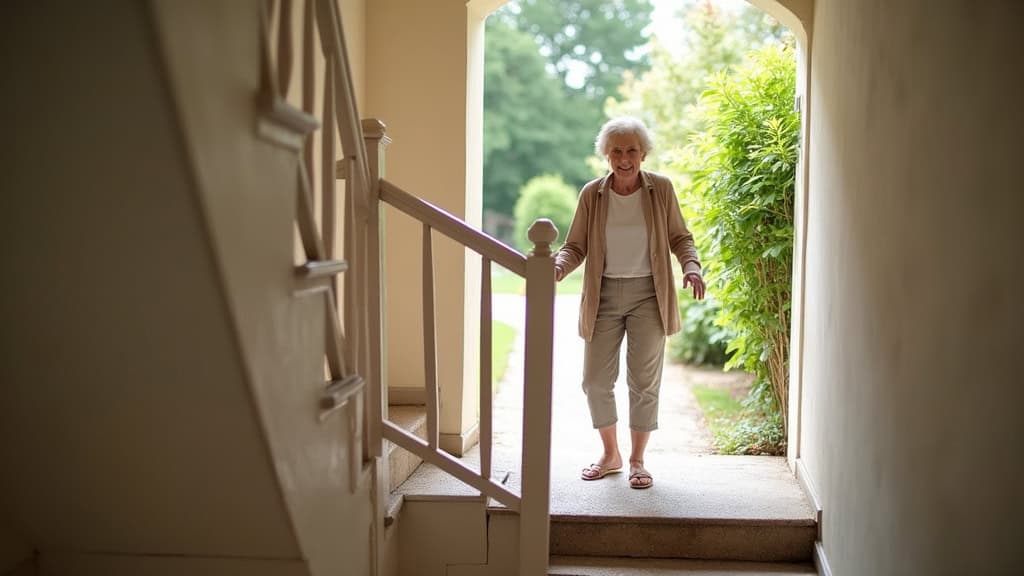 Personne âgée utilisant un monte-escalier courbé dans une maison de campagne à Châtenoy-en-Bresse, souriante, avec un jardin en arrière-plan