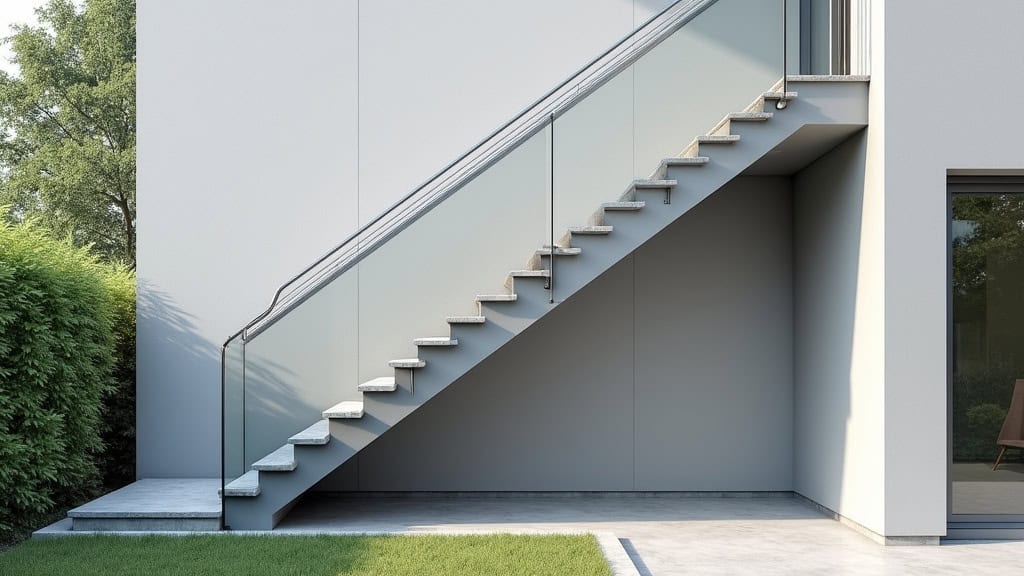 Monte-escalier extérieur en aluminium gris installé sur un escalier en béton menant à l