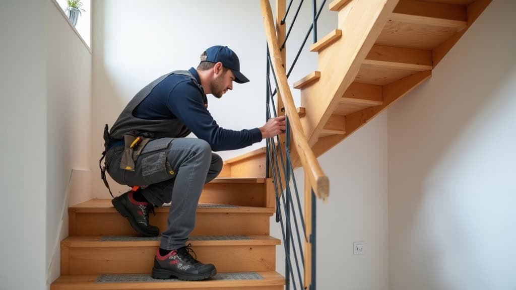 Technicien installant un monte-escalier droit sur un escalier en bois à Châtillon-sur-Loire, avec des outils et un rail métallique visible