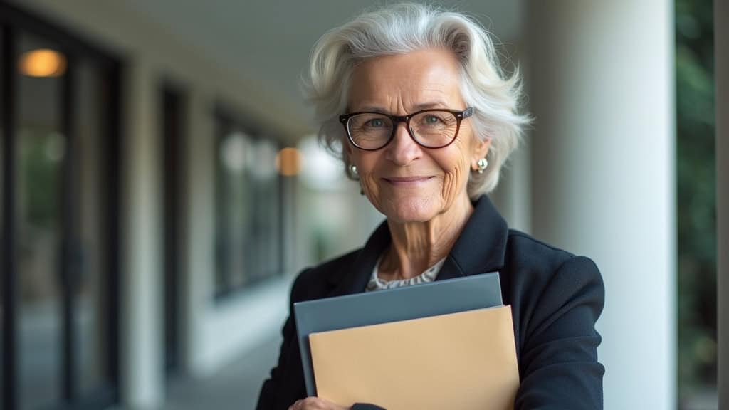 Femme âgée tenant un dossier avec des documents d