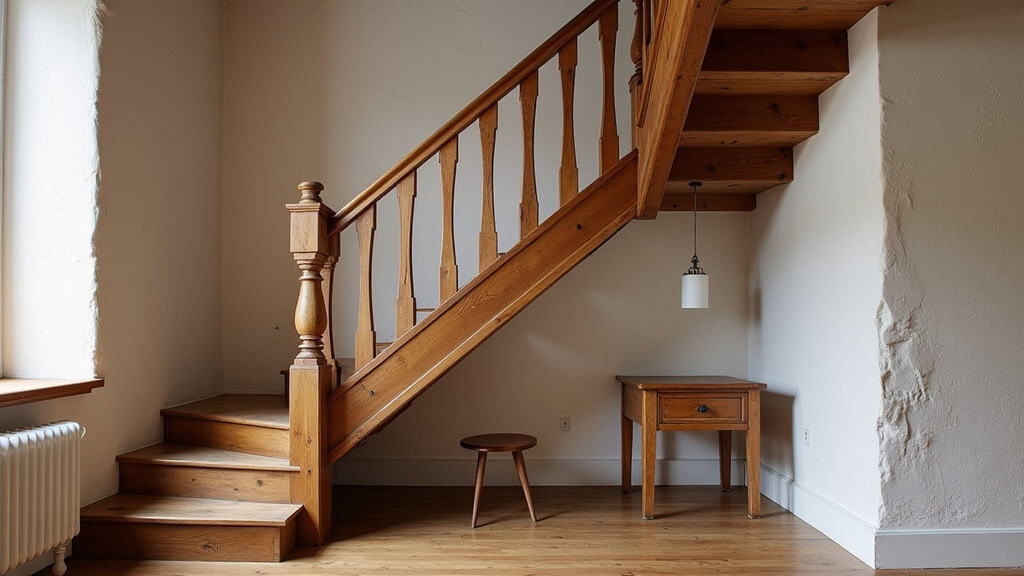 Monte-escalier courbe installé sur un escalier en bois ancien avec virage, dans une maison traditionnelle de Chatou