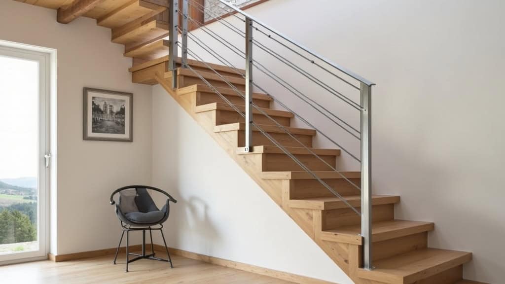 Monte-escalier droit installé sur un escalier en bois dans une maison à Chevrières, avec siège en aluminium brossé et rail discret