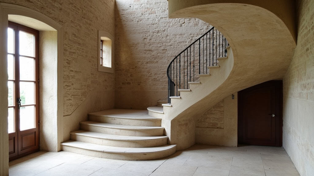 Monte-escalier tournant sur mesure avec virage à 90 degrés, installé dans une maison ancienne de Chevrières, intégré discrètement aux marches en pierre