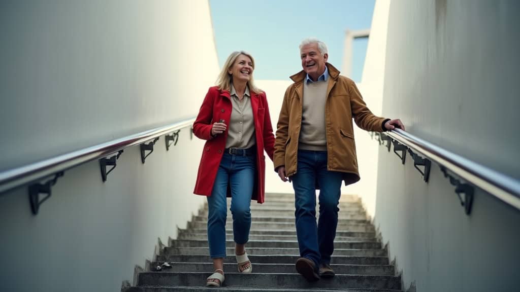 Personne âgée utilisant un monte-escalier droit à Cheyssieu, souriante, en train de monter les marches en toute sécurité