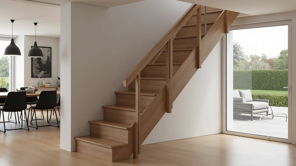 Monte-escalier à siège noir intégré à un escalier en bois dans un intérieur de maison à Clairoix, avec vue sur le salon et la cuisine