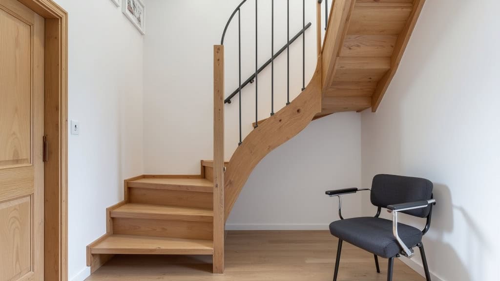 Monte-escalier droit installé dans une maison à Cléguérec, avec rail discret et siège ergonomique, intégré à un escalier en bois ancien