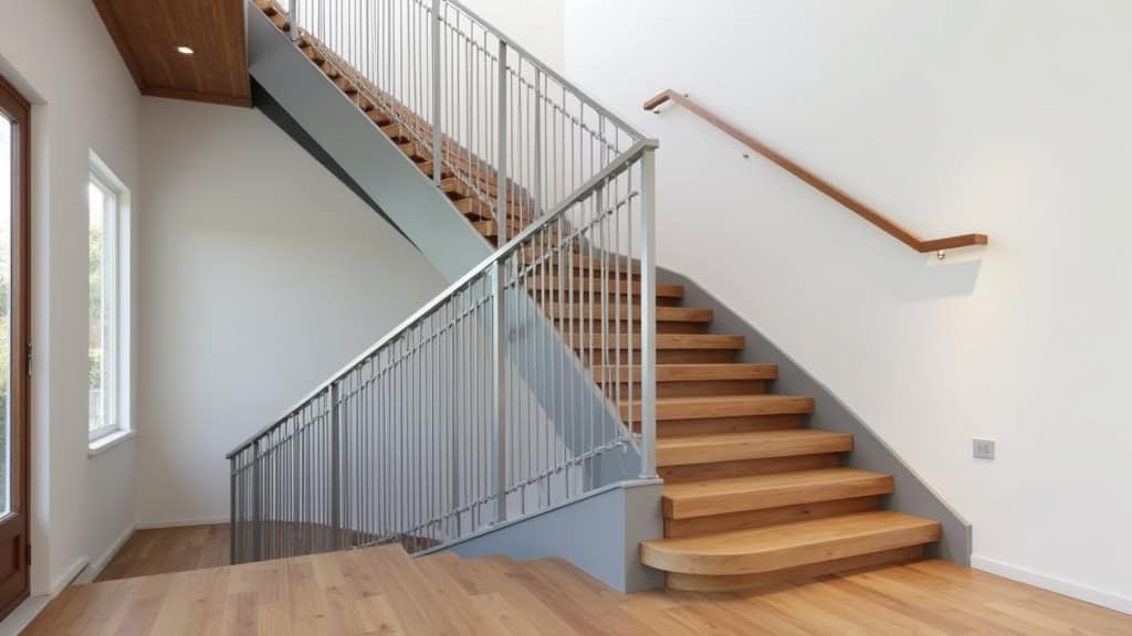 Monte-escalier tournant en aluminium gris installé sur un escalier en bois massif à Cléguérec, avec siège ergonomique et rail discret