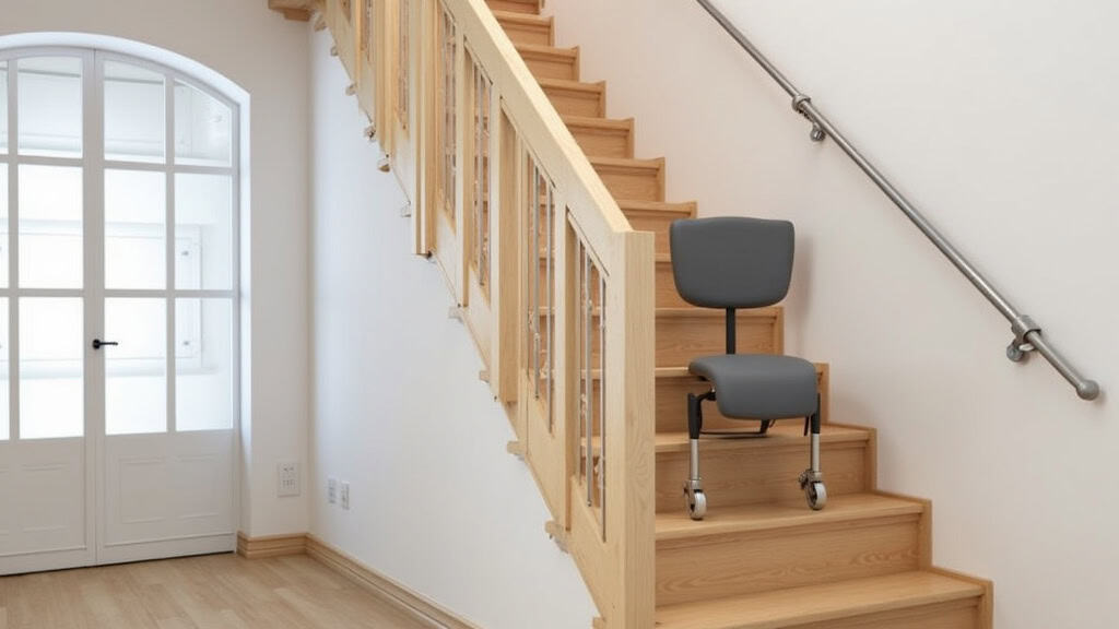 Monte-escalier droit installé sur un escalier en bois à Cléden-Poher, avec un siège gris et un rail discret