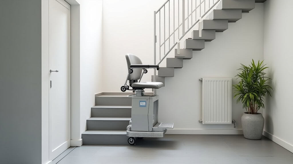 Plateforme élévatrice avec un fauteuil roulant en cours de montée sur un escalier intérieur