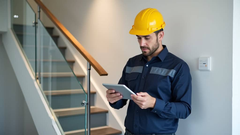 Technicien professionnel en train de mesurer un escalier à Cléden-Poher avec un ruban à mesurer et un tablette numérique