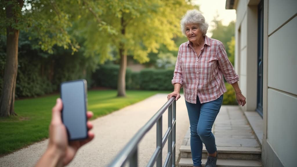 Personne âgée utilisant un monte-escalier courbe à Codognan, avec vue sur le jardin et une télécommande à la main