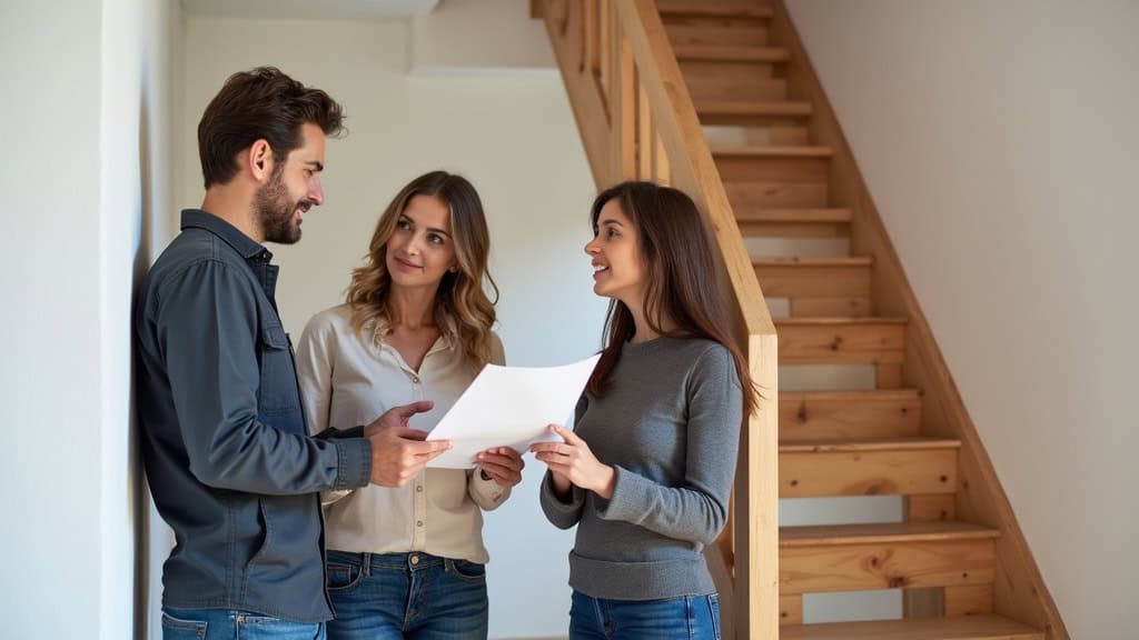 Famille en pleine discussion avec un installateur de monte-escalier à Codognan, devant un escalier en bois, avec devis et plan à la main