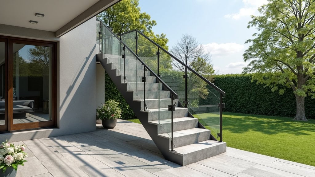 Monte-escalier extérieur en aluminium installé sur un escalier en pierre menant à une terrasse à Cogny, avec vue sur le jardin
