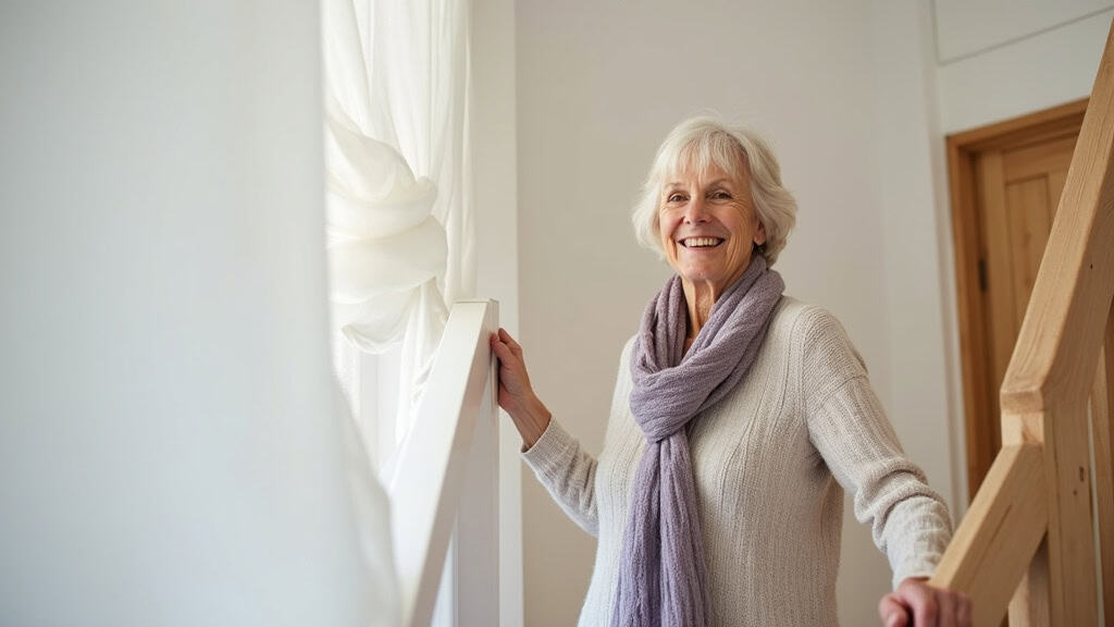 Monte-escalier blanc intégré dans un escalier en bois ancien à Cogny, avec une personne âgée qui monte tranquillement, souriante
