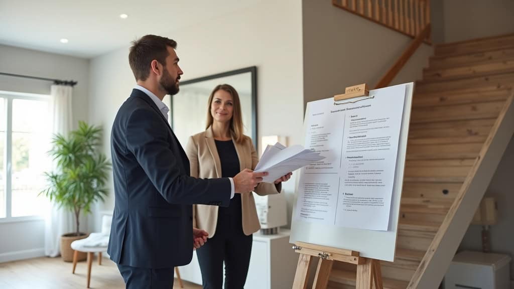Professionnel en train de présenter un monte-escalier à un client dans une maison de Condé-Sainte-Libiaire, avec un tableau de bord et des documents