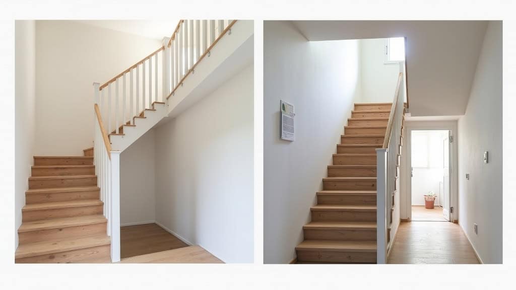Comparaison avant/après : escalier sans monte-escalier à gauche, avec monte-escalier installé à droite dans une maison de Cordemais, montrant l