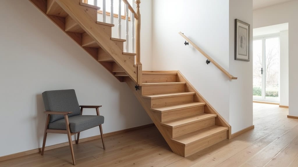 Monte-escalier droit installé sur un escalier en bois dans une maison typique de Cornil, avec un siège gris et un rail discret