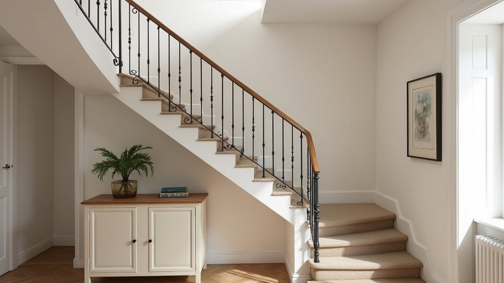 Monte-escalier tournant avec rail personnalisé sur un escalier à deux virages dans une demeure ancienne de Cornil, siège en tissu beige