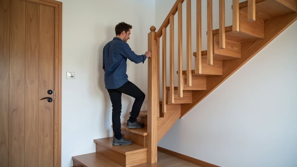 Monte-escalier droit installé sur un escalier en bois dans une maison traditionnelle de Coron, avec un utilisateur en train de monter en toute sécurité