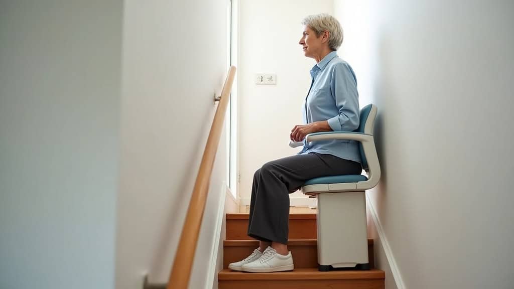 Personne âgée utilisant un monte-escalier siège en toute sécurité dans son escalier intérieur