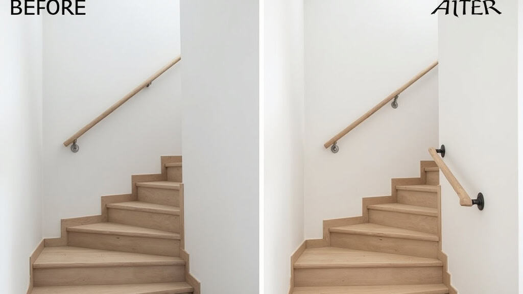 Comparaison avant/après : escalier sans monte-escalier et avec monte-escalier à coudes installé, montrant la transformation de l