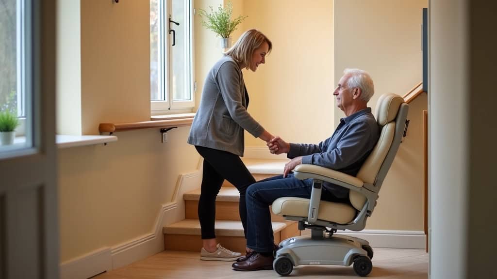 Personne âgée utilisant un monte-escalier à coudes avec un fauteuil ergonomique et une télécommande dans un intérieur chaleureux
