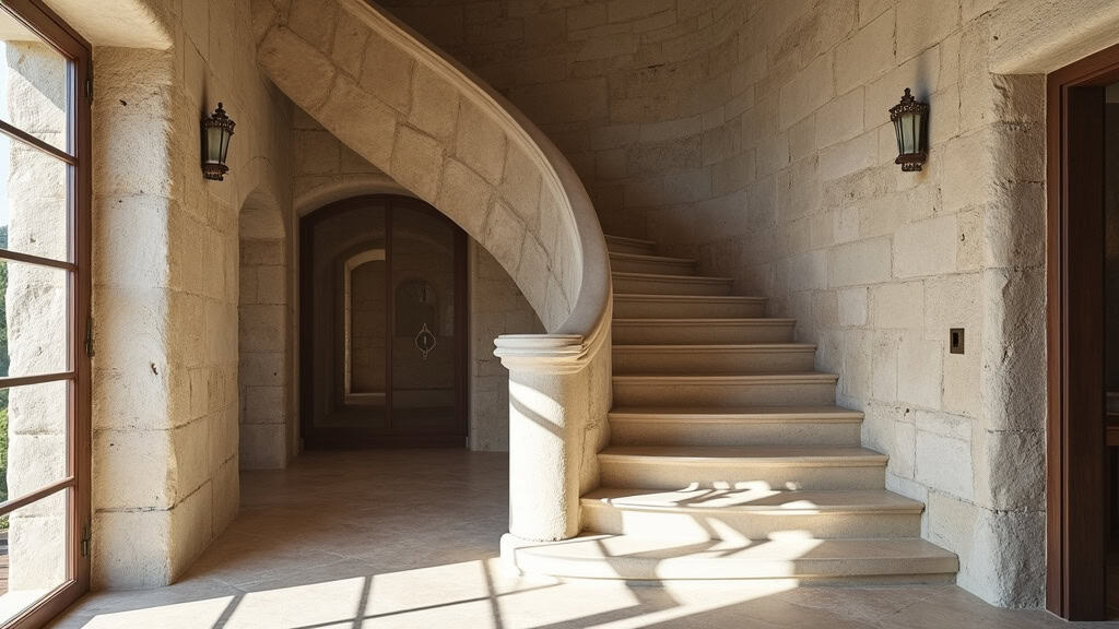 Monte-escalier courbe adapté à un escalier à virage en pierre dans une maison ancienne à Cormicy
