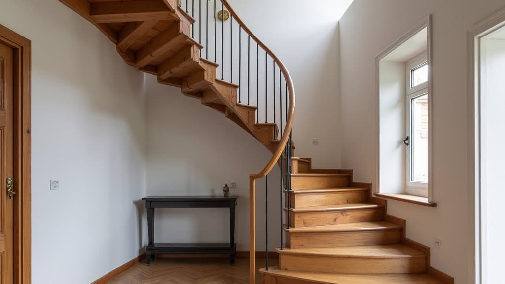 Monte-escalier courbe en acier inoxydable installé sur un escalier en bois avec virage à angle droit dans une maison ancienne de La Motte-Saint-Jean