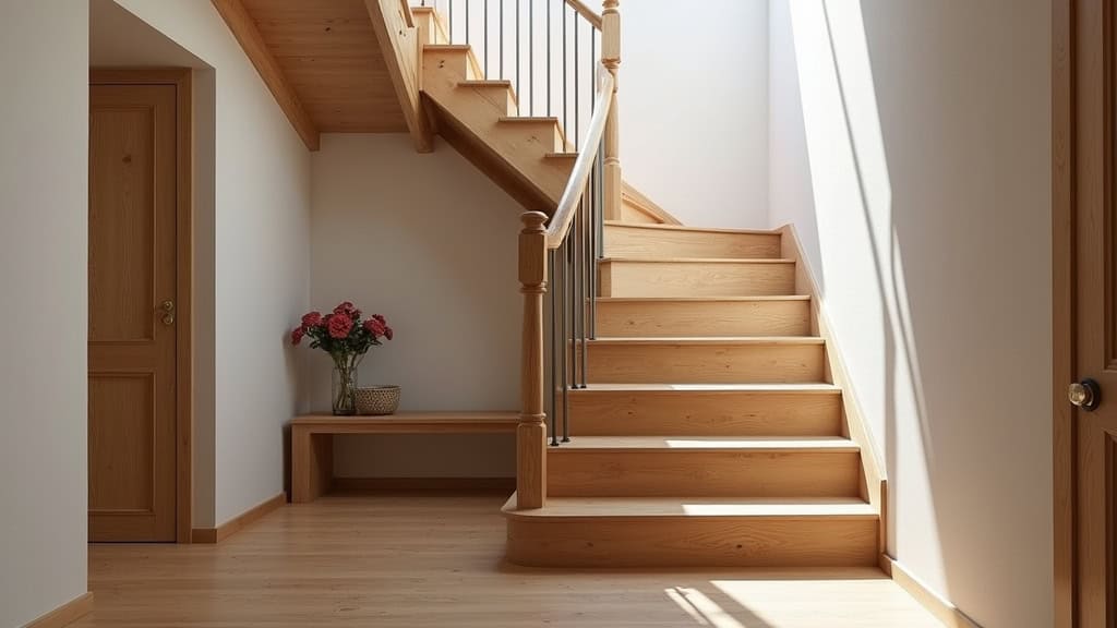 Monte-escalier courbe en bois clair intégré dans un escalier ancien d