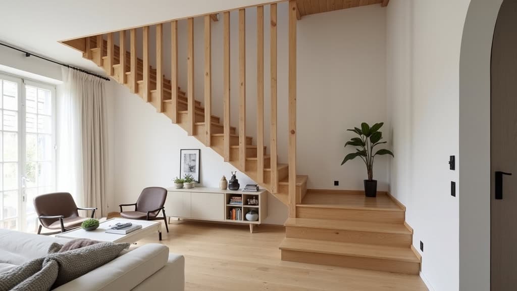 Monte-escalier courbe installé dans un escalier en bois avec virage et palier, intégré discrètement dans une maison de Brou-sur-Chantereine