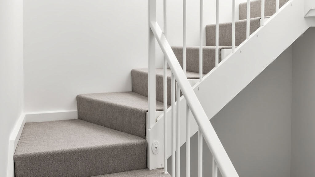 Monte-escalier courbe installé dans un escalier en colimaçon à Vougy avec siège en tissu gris et rail blanc discret