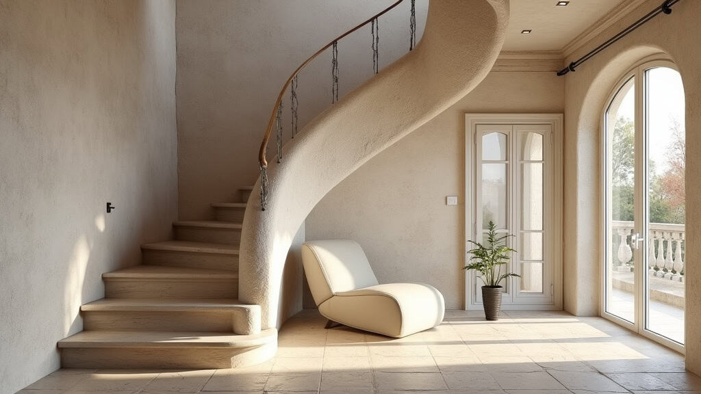 Monte-escalier courbe installé dans un escalier en U avec palier central, dans une maison en pierre typique d