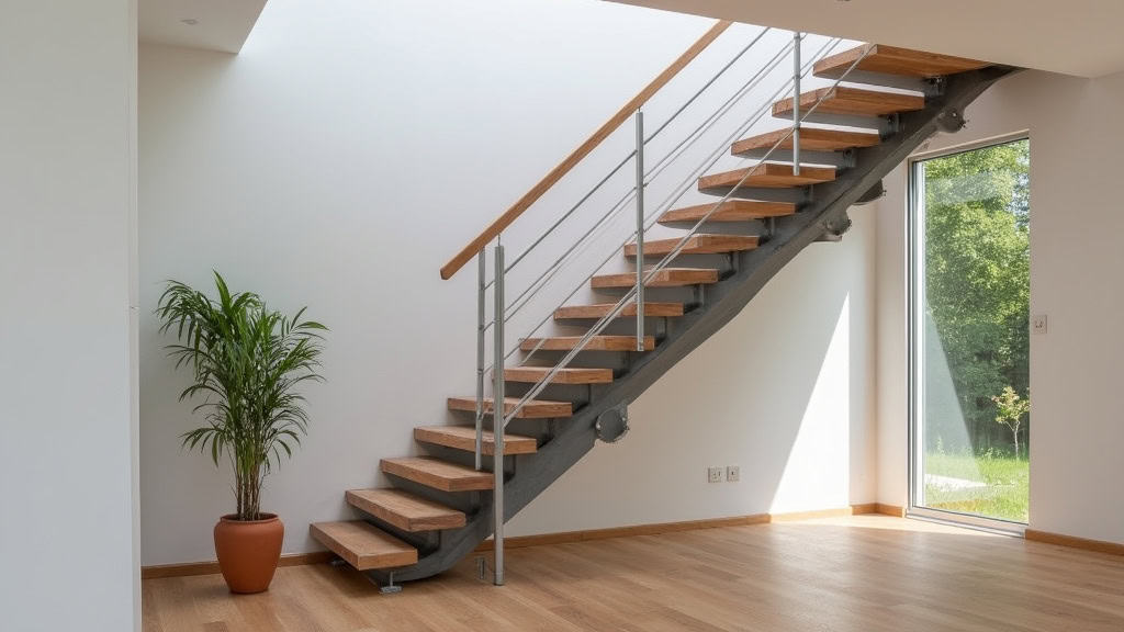 Monte-escalier courbe installé dans une maison de campagne à Caylus, avec rail en aluminium et siège en tissu gris, intégré à un escalier en bois avec balustres anciens