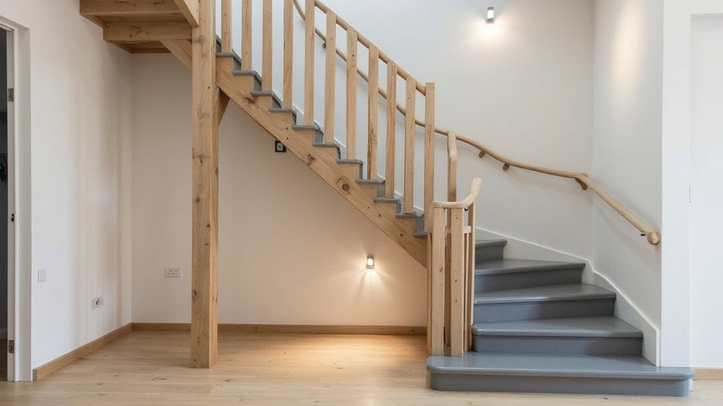 Monte-escalier courbe installé sur un escalier avec virage à Aulnay-sur-Mauldre, en bois clair et siège gris, intégré discrètement