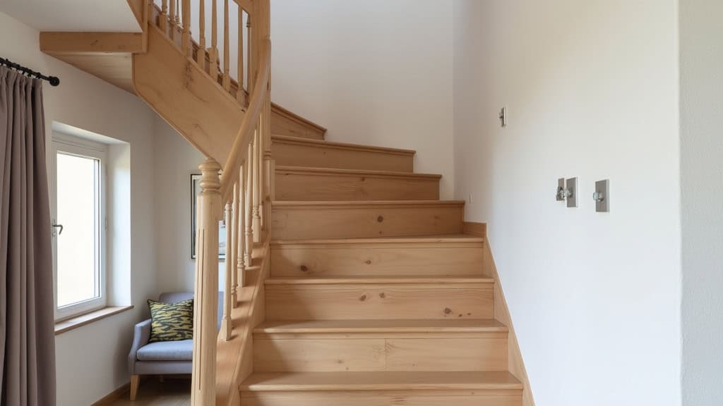 Monte-escalier courbe installé sur un escalier en bois avec palier, dans une maison typique d