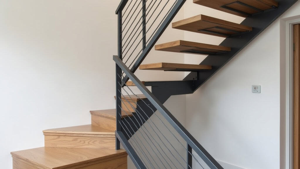 Monte-escalier courbe installé sur un escalier en bois avec virage en L dans une maison à Abeilhan, finition gris métallisé