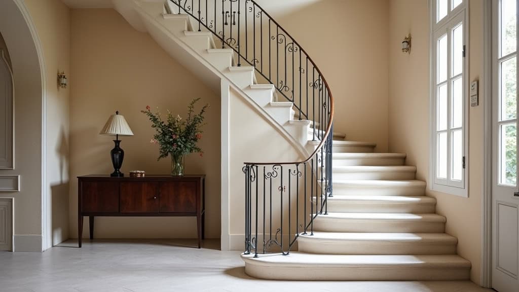 Monte-escalier courbe installé sur un escalier en colimaçon avec palier central dans une maison ancienne à Arc-sur-Tille