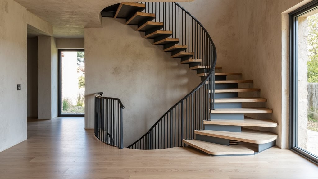 Monte-escalier courbe installé sur un escalier en spirale dans une maison en pierre de Beauchastel, avec rail personnalisé et siège inclinable