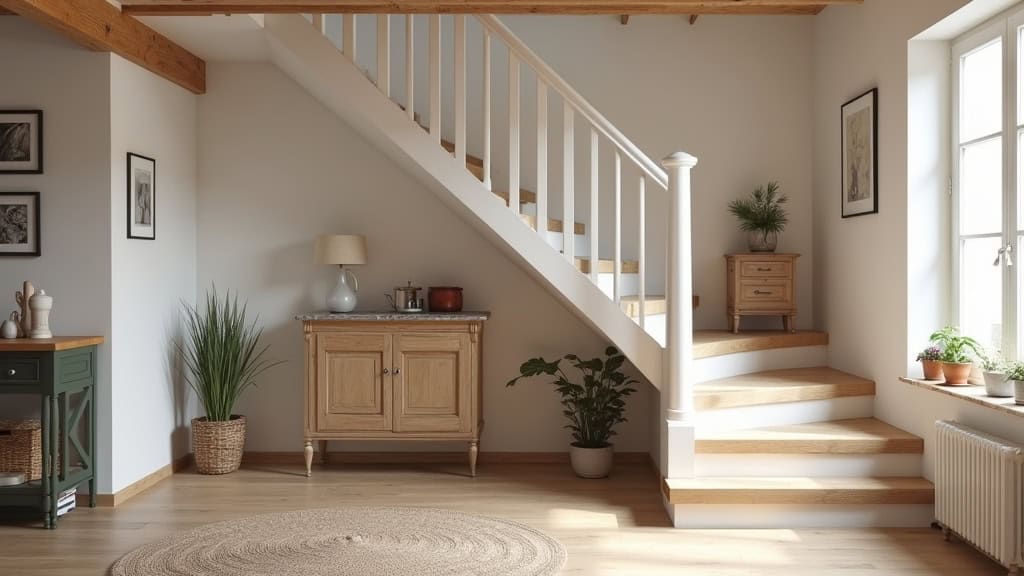 Monte-escalier courbe installé sur un escalier tournant avec palier, dans une maison typique du village d