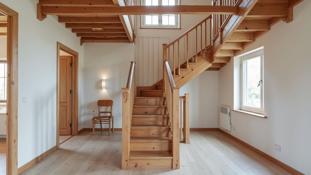 Monte-escalier courbe installé sur un escalier traditionnel en bois avec palier central dans une maison d