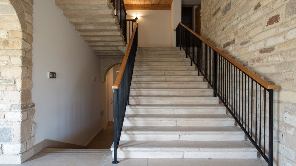 Monte-escalier courbe personnalisé installé dans un escalier en pierre ancienne à Anduze, avec rail en aluminium noir et siège en tissu beige