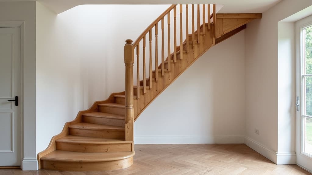 Monte-escalier courbe sur mesure installé dans un escalier intérieur en bois avec palier, à Berteaucourt-les-Dames
