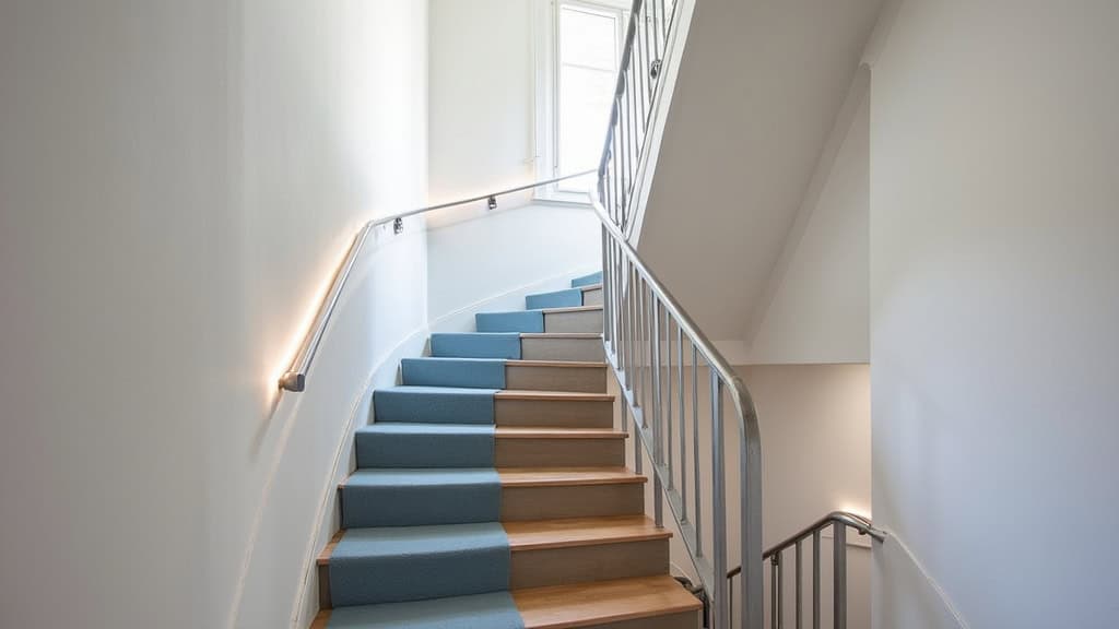Monte-escalier courbe sur un escalier en colimaçon dans une maison ancienne du centre de Bauvin, avec un rail en aluminium poli et un siège bleu foncé