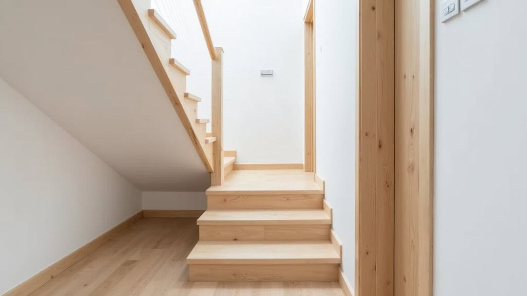 Monte-escalier tournant en bois clair dans un intérieur traditionnel de Croth, avec vue sur un couloir en bois et un mur peint en blanc